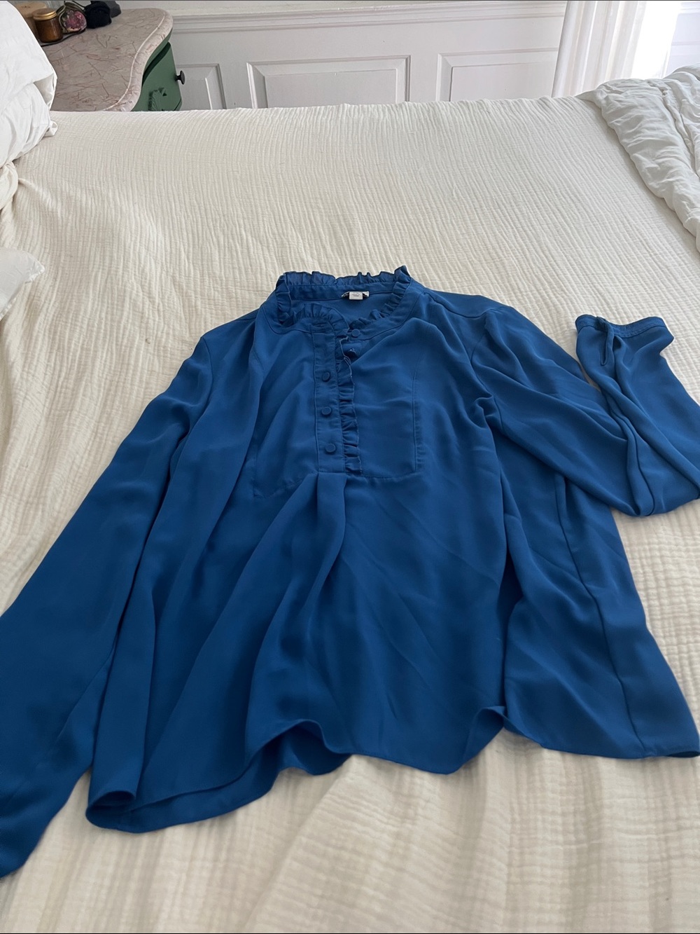 J. Crew Royal Blue Ruffled Button-Front Blouse